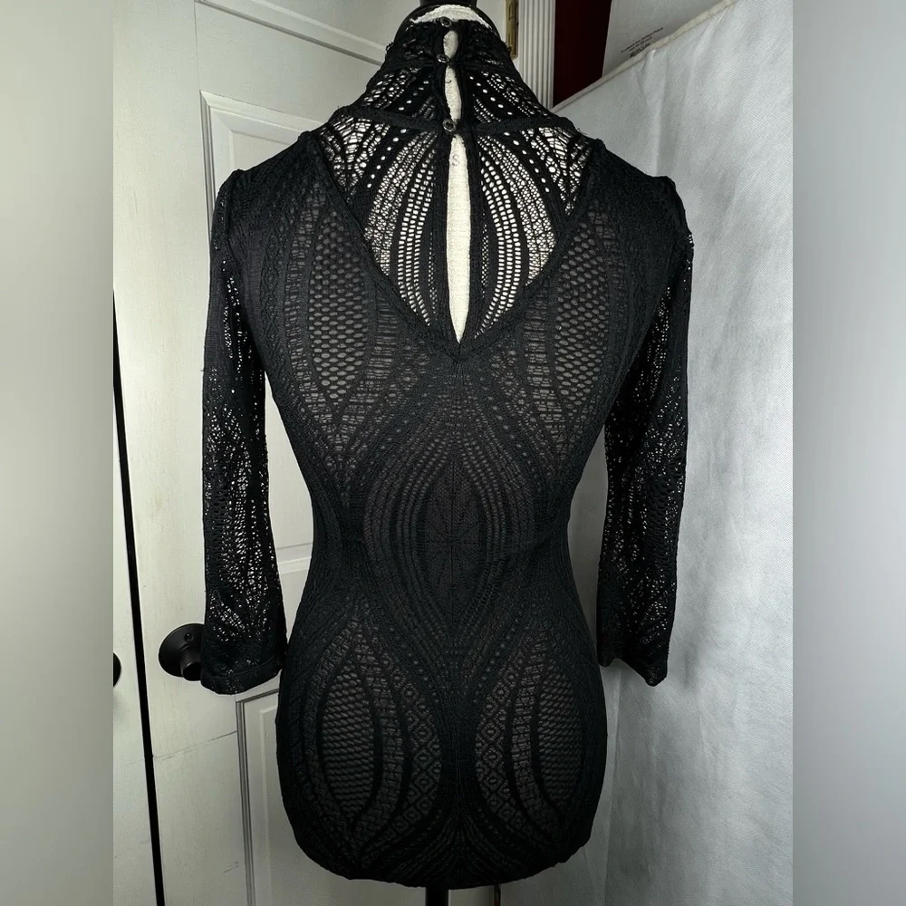Free People Black Lace Women's Tunic Top Body Hugging 3/4 Sleeves Size Small